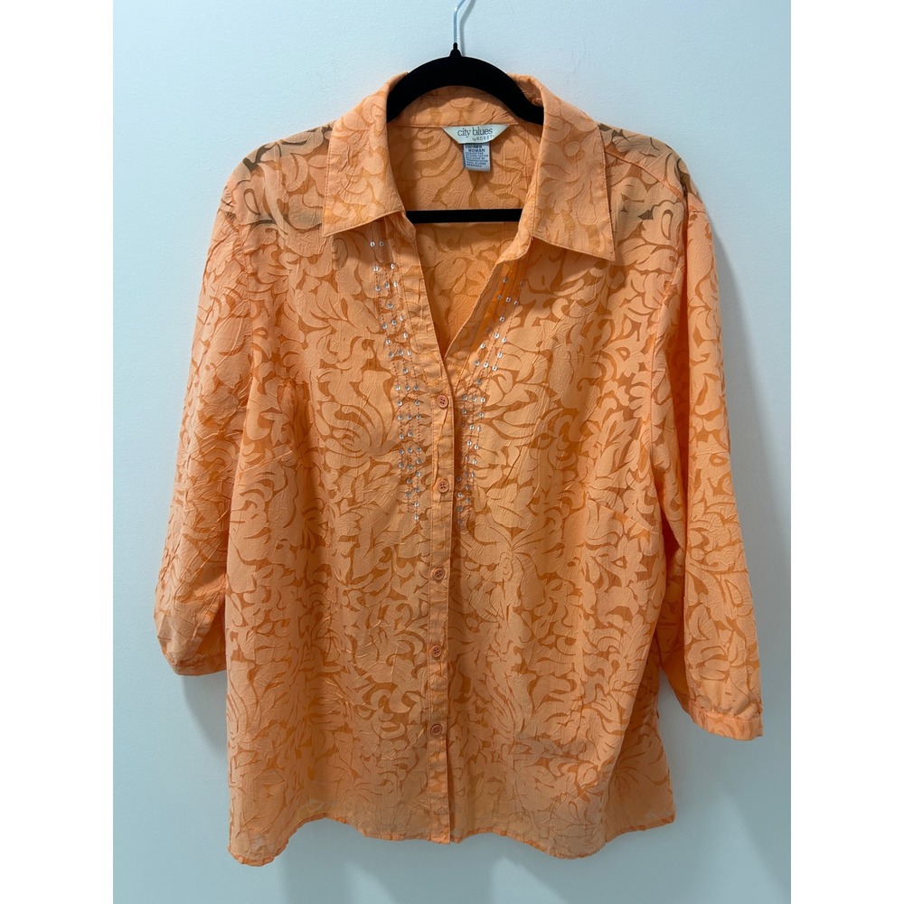 City Blues by Koret Orange Burnout Floral Sequin Blouse Womens 18W 3/4 Sleeve